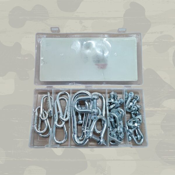 30 teiliges Set aus Karabiner, Seilklemmen, Schäkel